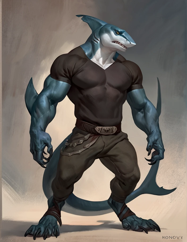Sharkfolk, bull shark, comic book style, illustration, solo, ferocious, male, standing, mercenary, pants, masterpiece, best art, full body, by laobai, by taran fiddler, by honovy, detailed eyes, detailed body, claws, masculine body shape, fantasy, tall, tight t-shirt, pecs, pants, belts on chest