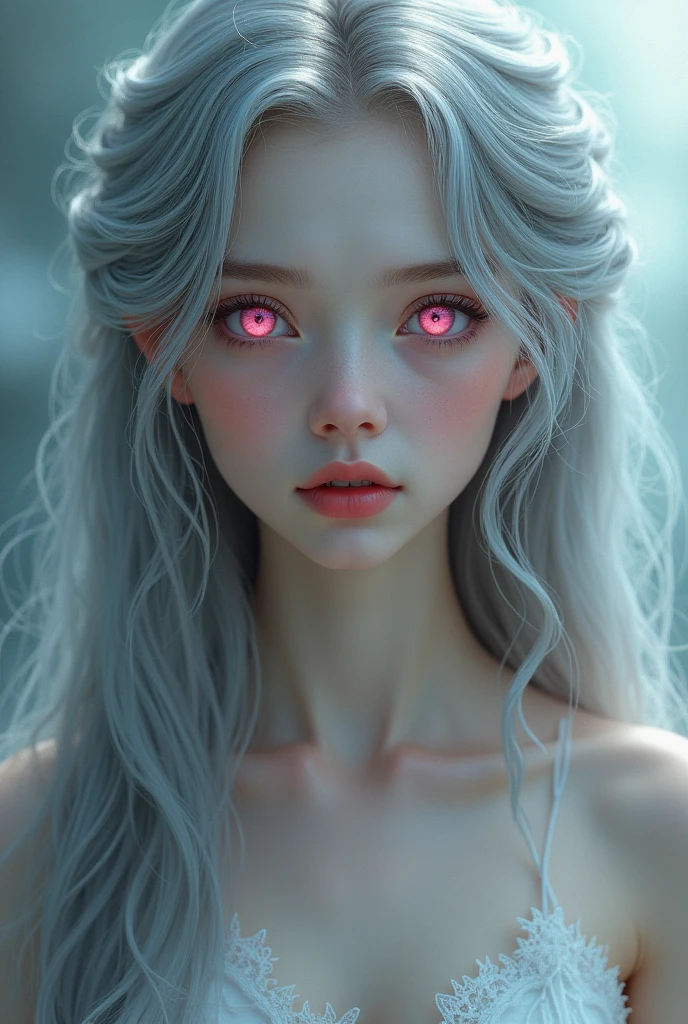 A girl with long gray hair and pink eyes