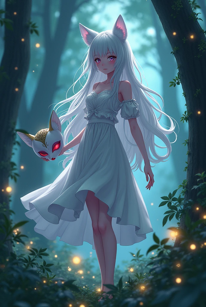 Create a girl of about from 1,66 tall, beautiful with fine and delicate features, with eyes of different colors, with snow-white skin and pink hues, with a slim hourglass-shaped body, with white hair down to the waist, with a serious expression on his face, showing the whole body, that is in a forest at night illuminated by lights and fireflies, that in his right hand he has a white fox-shaped mask with gold details and a pink one from the anime hunter x hunter