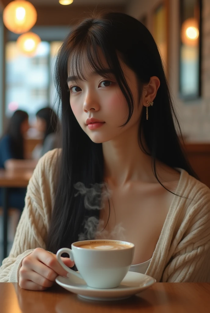 A beautiful Japanese woman in her early 20s with long straight hair、It&#39;s sleeveless and only one shoulder is exposed from the cardigan、I&#39;m meeting you at the cafe.、Sitting in a chair、live-action、Drinking coffee、I can see the backs of the people sitting behind me、
