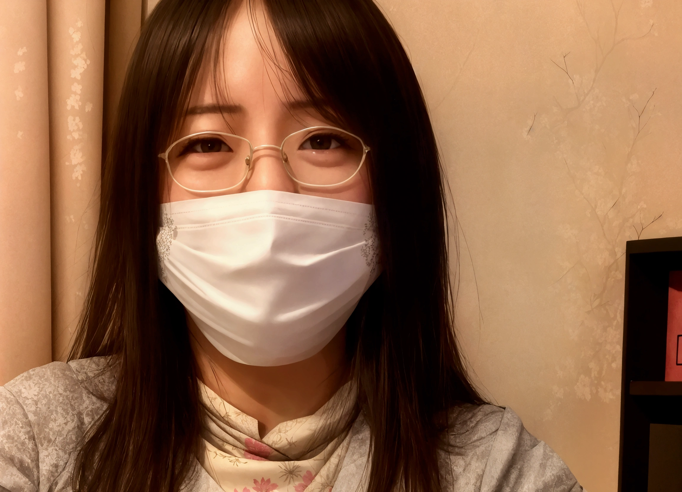 Realistic、Realistic、Realistic景色、Realistic女性、Wear a non-woven mask、Naked Women、Photo of your face、Sober atmosphere、Shy personality、Hide your face、Long Hair、Glasses、Japanese、enlarge nipples、Looking up at the woman from below