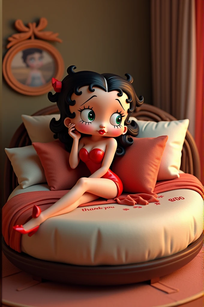 A fascinating 3D illustration created by Arwen, featuring the iconic Betty Boop in a seductive pose. You lie on your side on an exclusive Balinese bed shaped like a white number 800 and with the text thank you underneath, with soft and luxurious pillows. Betty Boop's red lips and adorable bow accentuate her charm, while her luscious curls cascade down her back. She rests her head on her hand and winks playfully at the viewer, drawing them into the scene. The image is rendered with cinematic quality, offering a vivid and immersive experience, illustration, 3D rendering