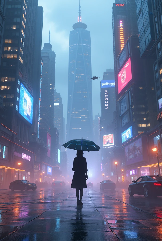 (Add neon colours as much as possible)Create a futuristic cityscape at dusk, with sleek skyscrapers and neon-lit billboards reflecting off the wet pavement. Incorporate a solitary figure in the foreground, holding a futuristic umbrella with a glowing tip. Add neon colours.The atmosphere should be misty, with a sense of depth and scale. Include flying vehicles and holographic advertisements to emphasize the advanced technology of the city. Use a color palette dominated by blues and purples, with accents of warm orange and pink hues. The overall mood should be one of futuristic sophistication and mystery.