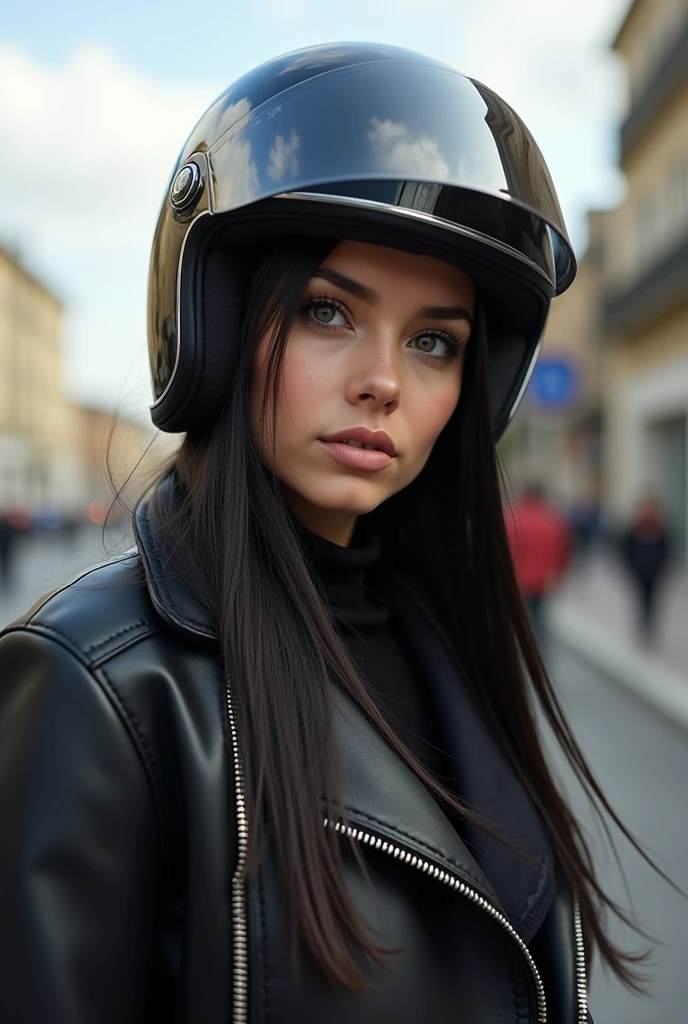 Belle fille aux longs cheveux noirs fait de la moto avec un casque 