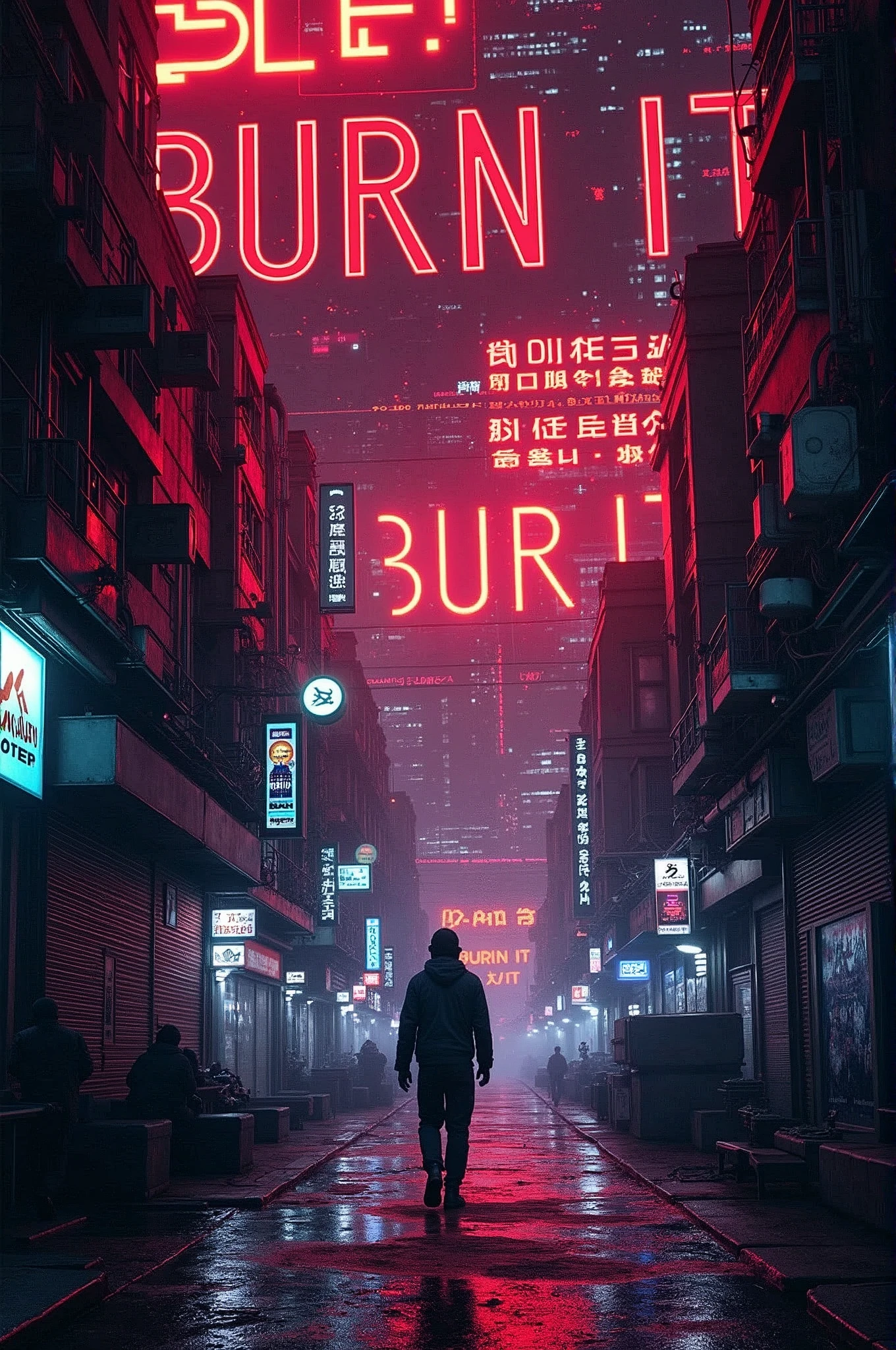 intricate typographic poster, anime style typography, Large text everywhere "BURN IT", dramatic lighting, bright colors, neon glow, futuristic elements of science fiction, detailed inscriptions, dynamic composition, moody atmosphere, stark contrasts, urban cyberpunk aesthetics, complex parts, Seamless Integration, masterful execution