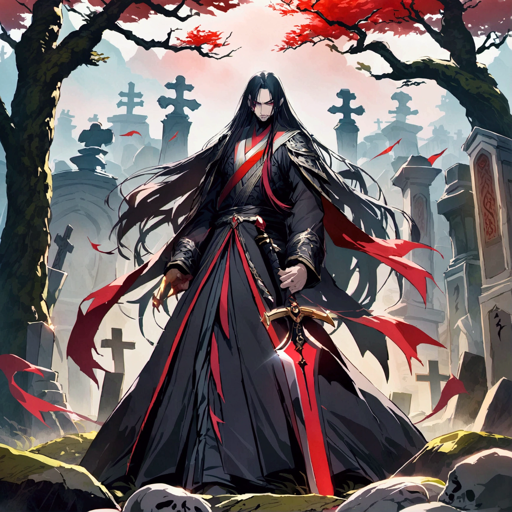 black-haired, evil-looking man, with long hair, majestic features, and countless bodies and graves behind him, holding a bloodied sword in his right hand, and a red ball of energy in his other hand.