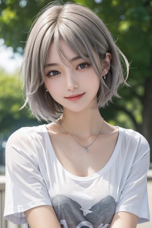 Standing pose,whole body、 (Like the picture:1.4),(Increase the resolution), (8k), (Very detailed), (Beautiful and detailed), (Highest quality), (Very detailedな), (masterpiece), (wallpaper), (Detailed face), alone,1 girl, perfect beautiful japanese woman:1.4、19 years old、Looking at the audience, Subtle details, Detailed face, cloudy, Deep Shadow, A kind smile,Short Hair Silver Color Mesh,My hair is messy,look up,(T-Shirts:1.2),Various poses,necklace,Pin on right ear,Attractive face, Mid-chest, Dynamic pose,