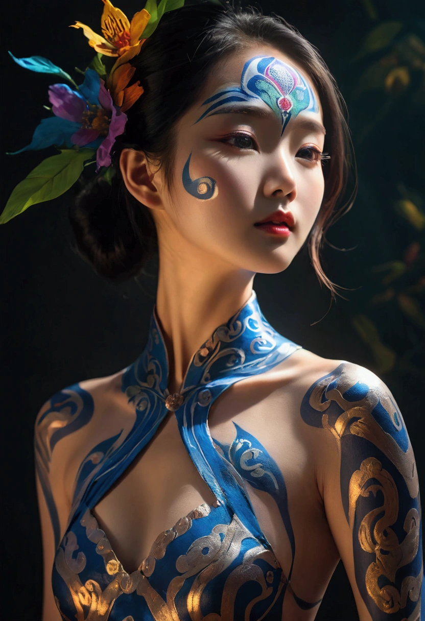 (nature-inspired body paint:1.5), (female model with wide hips and muscular legs), (floral and fauna designs), (natural and serene poses), (studio setting), (soft and dramatic lighting), (detailed textures), (organic and beautiful), (high quality, vivid colors)