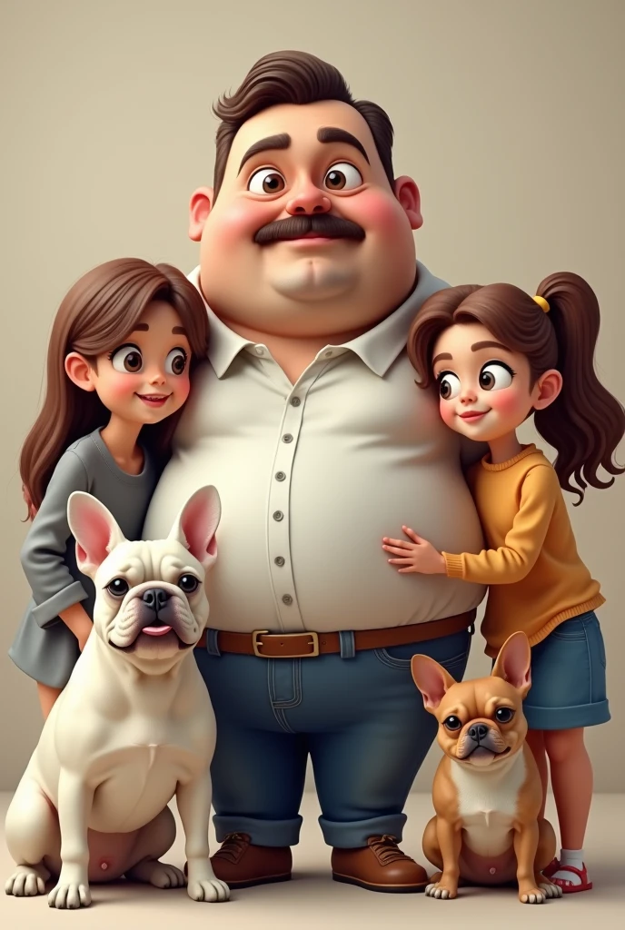 Father's day image, big pot-bellied man with mustache, two white teenage girls with brown hair, a beige-haired French bulldog, a brown furred chihuahua