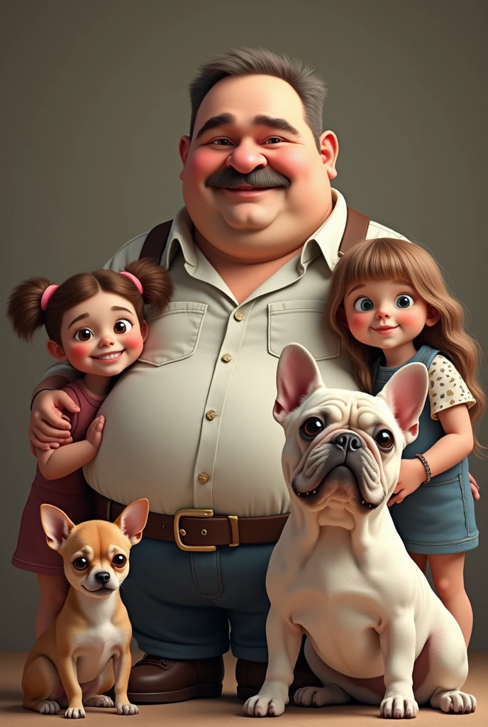 Father's day image, big pot-bellied man with mustache, two white age girls with brown hair, a beige-haired French bulldog, a brown furred chihuahua