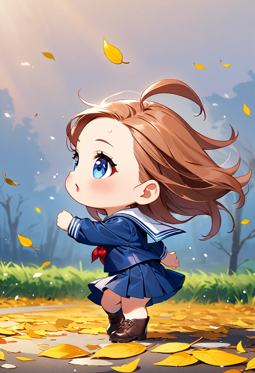 Highest quality、High resolution、Detailed Background、Beautiful face in every detail、Anatomically correct、Detailed facial expressions、fine grain、((full body, from side:1.2, side shot, looking away:1.2)), break　((One Girl:1.2)、((Chibi Girl:1.2)))、Bright pretty hair color、Big beautiful blue eyes、Fuller lips、Pink Lips、Forehead Baring、Ahoge、(A junior high school student rushing to school because he is going to be late、Sweat on the forehead)、(Cute Sailor Uniform、cute leather shoes)、break　(The strong wind makes my hair very messy:1.2、Strong winds mess up my hair:1.2)、((The background is a rural school road)、Fallen leaves fly in the strong wind)