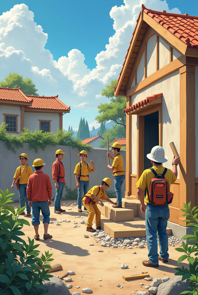 Rebuilding the house scene:
Showing Zhang Fusheng and several helpers building a house,Zhao Xiulan helped out。The picture is full of movement,Reflecting the hard work and solidarity and mutual assistance。Use bright colors to express hope and renewal。