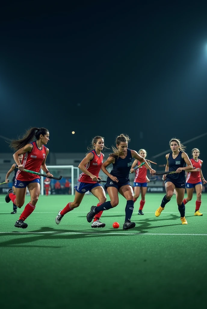 Create a photo of field hockey players playing hockey in night background 