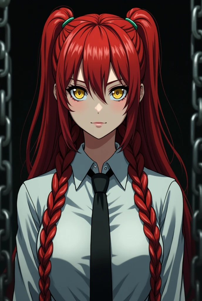 Makima with the face of Margot Robbie (chainsaw man), Best quality, Ultra detailed, 1 girl, One, standing, Red hair, long braided hair, Golden eyes, bang, medium breast, White shirt, tie, look, smile, (bad: 1.2), looking at the viewer, (interview: 1.3), (dark background, chains: 1.3), above, sharp contrast, beautiful detailed eyes, concentrate, Close-up