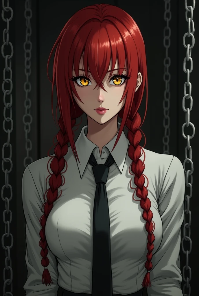 Makima with the face of Margot Robbie (chainsaw man), Best quality, Ultra detailed, 1 girl, One, standing, Red hair, long braided hair, Golden eyes, bang, medium breast, White shirt, tie, look, smile, (bad: 1.2), looking at the viewer, (interview: 1.3), (dark background, chains: 1.3), above, sharp contrast, beautiful detailed eyes, concentrate, Close-up