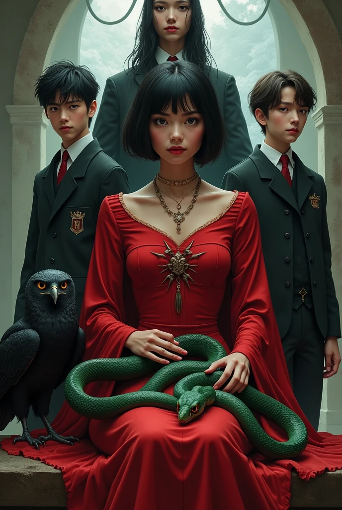 Draw a picture of a Gryffindor witch in a red dress with short hair but not too short., black with two snakes on her lap, one black and one green, and behind her a tall man with black hair with white streaks and eyes , with a black owl and the Durmstrang uniform the two agers