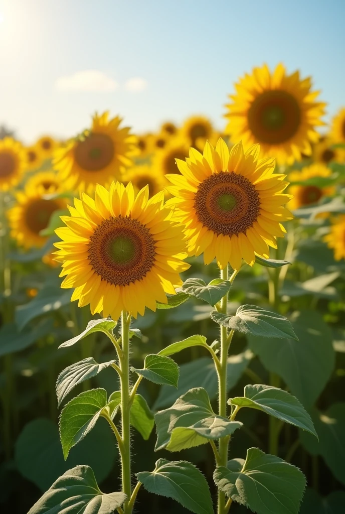 realistic portrait of two sunflowers side by side in the center of a huge lawn with barias flowers in the background on a sunny day