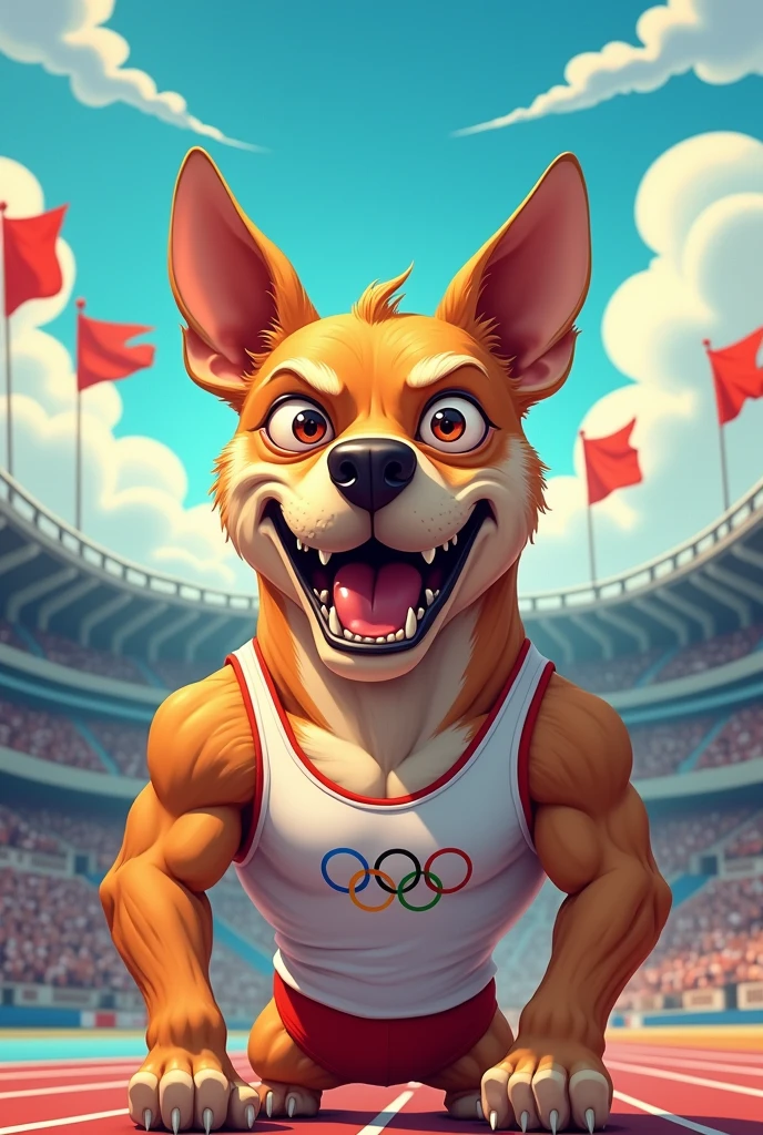 (chibi Emoji Meme), cartoon art style, funny photo portrait of a grotesque (Olympic athlete dog), upper body, strange eyes, Olympic background, emoticon. emotional, dynamic movement, vivid, (masterpiece, best quality, absurdres, ultra-detailed, intricate details:1.3)