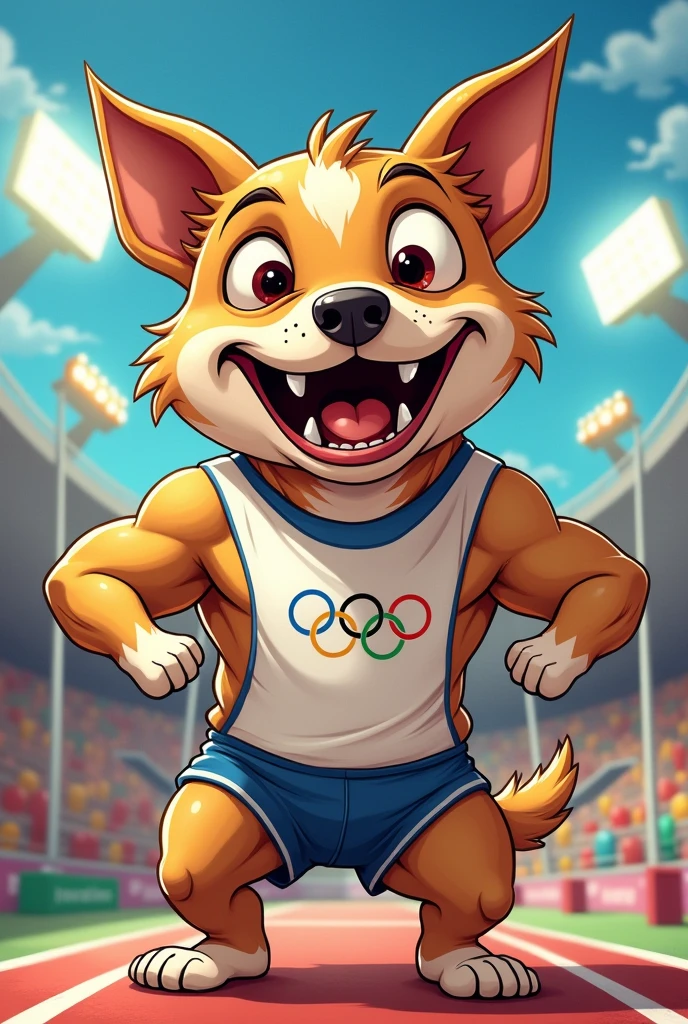 (chibi Emoji Meme), cartoon art style, funny photo portrait of a grotesque (Olympic athlete dog), upper body, strange eyes, Olympic background, emoticon. emotional, dynamic movement, vivid, (masterpiece, best quality, absurdres, ultra-detailed, intricate details:1.3)