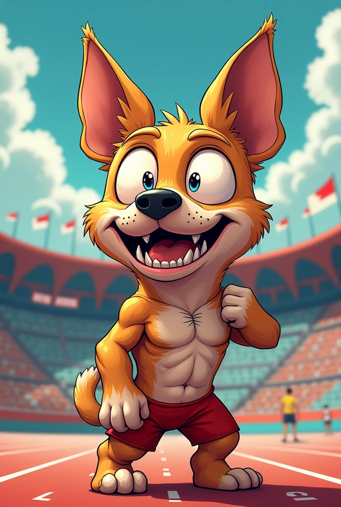 (chibi Emoji Meme), cartoon art style, funny photo portrait of a grotesque (Olympic athlete dog), upper body, strange eyes, Olympic background, emoticon. emotional, dynamic movement, vivid, (masterpiece, best quality, absurdres, ultra-detailed, intricate details:1.3)