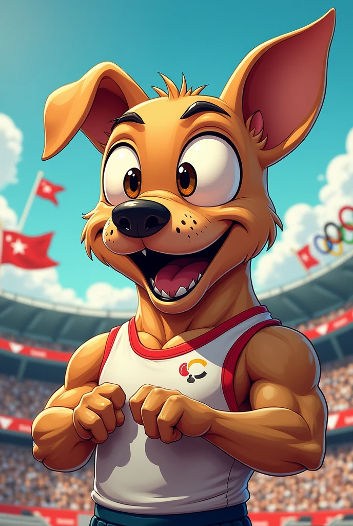 (chibi Emoji Meme), cartoon art style, funny photo portrait of a grotesque (Olympic athlete dog), upper body, strange eyes, Olympic background, emoticon. emotional, dynamic movement, vivid, (masterpiece, best quality, absurdres, ultra-detailed, intricate details:1.3)