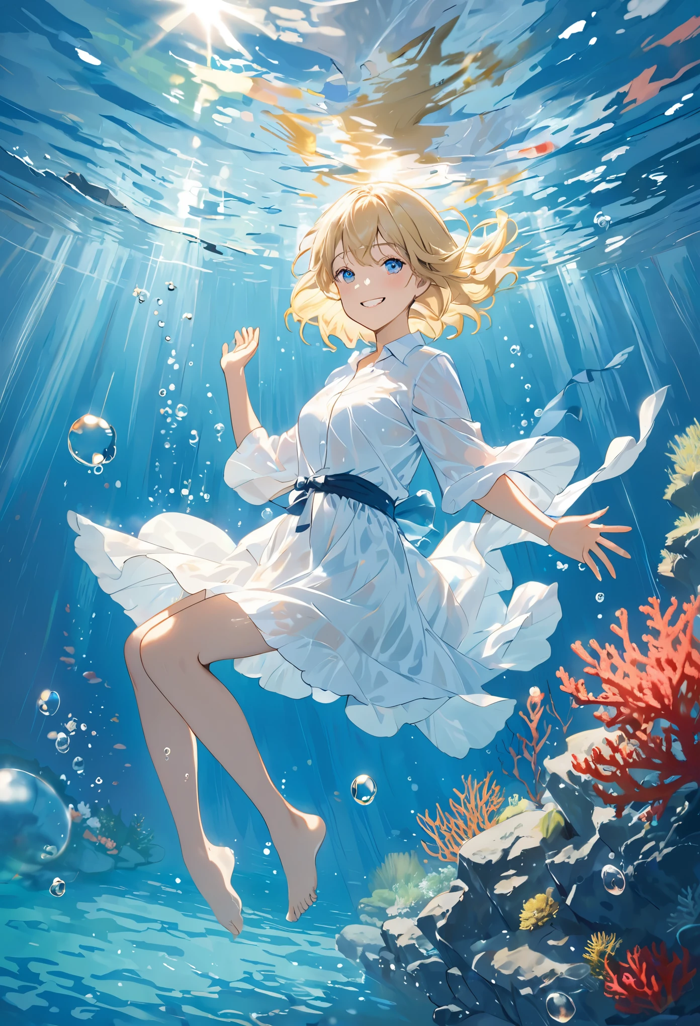 blond woman in white shirt In the water with hand out, In the water視点, In the waterの女性の肖像画, In the water写真, In the water撮影, Incredible depth, In the water深く泳ぐ, In the water写真graphy, In the water swimming, In the water視点, In the water, In the waterで泳ぐ, Amazing depth, In the water写真graph, floating In the water, In the waterで見上げる, In the waterで, 部分的にIn the water, Stand under the sea, Floating, One Cute Woman, Beautiful Eyes, Shining Hair, Short-cut Blonde Hair, Underwater, Swimming, Reaching Out, Blue Sea, coral, Woman Swimming While Wearing a Shirt, Smiling, Bubbles, Shining from the Water Surface Light, Cozy, Relaxing in the water, Eyes open, Full body portrait, Kicking water with feet