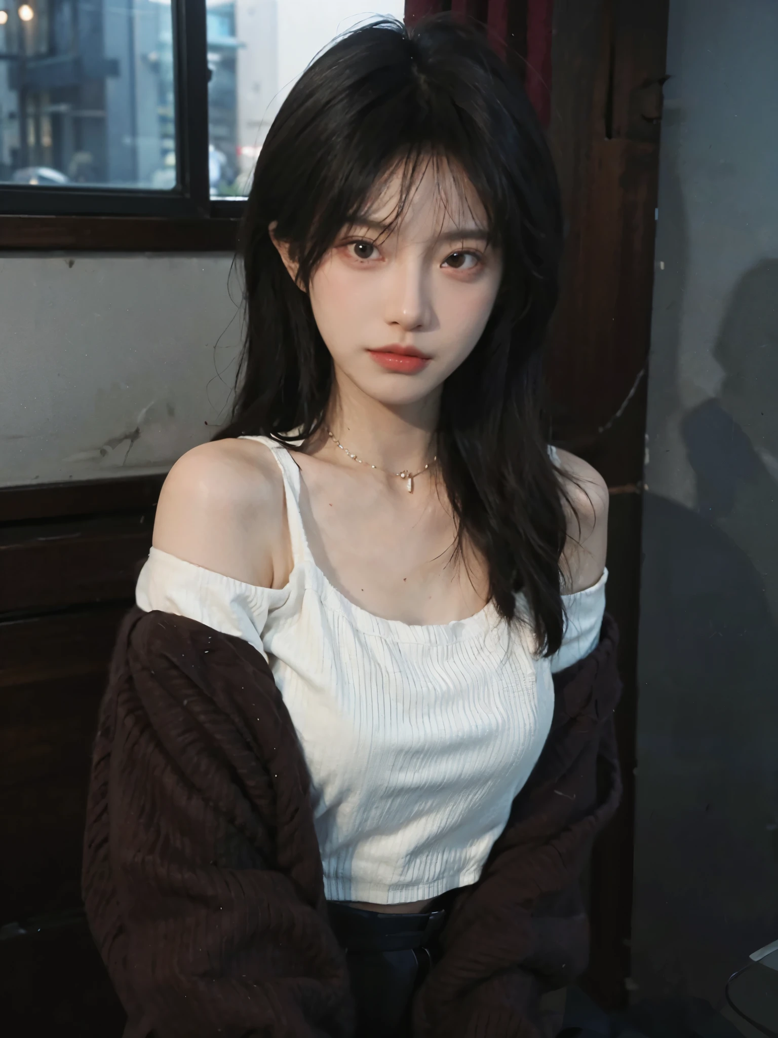 best qualtiy, Ultra-high resolution, (realisticlying:1.4),Baoyu Girl,1girll, with long coiled hair,Looking into the distance,nedium breasts:1.4,Cropped red sweater,a sense of atmosphere,Beautiful woman with a slim figure:1.4, abs:1.4,,Ultra-fine face,Elaborate Eyes,double eyelid,choker necklace