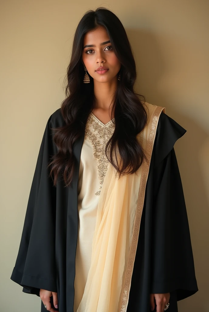 Full image of Indian girl with Cream colour chudidar with black graduation gown 
