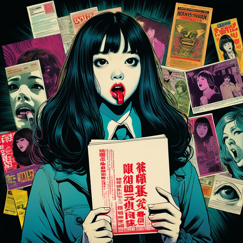 An illustration、art、70s horror movie posters, Supervised by Junji Ito、High detail, Realistic Shadows、Analog Style, chromatic aberration, Surrealism、Complementary Gradient, a girl holding a letter covering her mouth