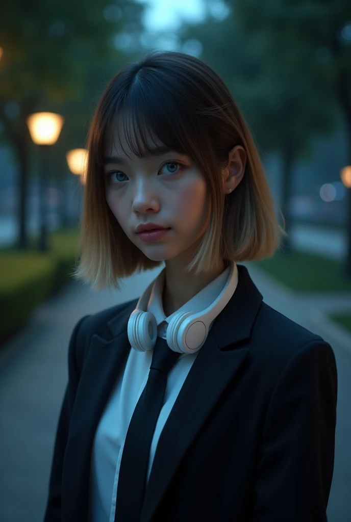 My Hero Academy,Screenshot,white skinned woman,blue eyes,brown hair with blonde highlights,short and straight hair,bangs between cut.Wear a white shirt and black tie,and a black jacket,white neck headphones.In the background a park at night,serious expression