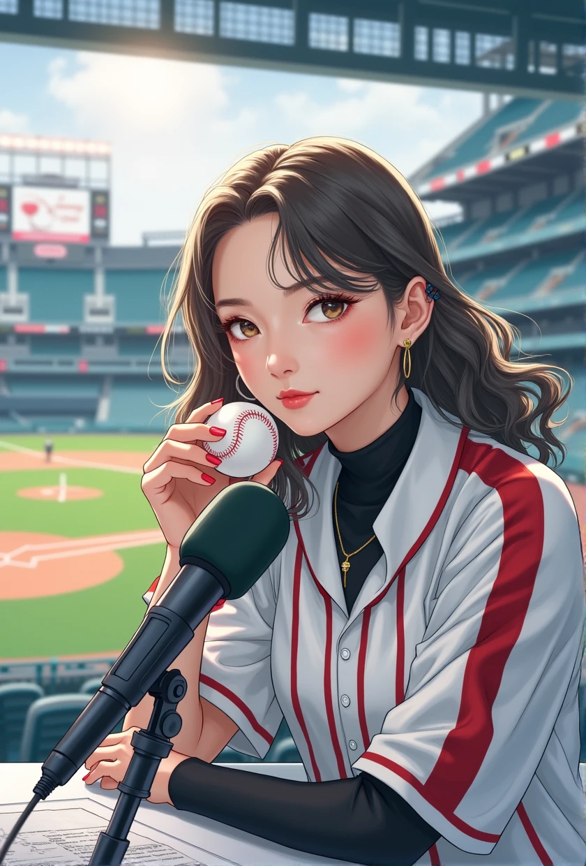 A fifty-year-old girl at a baseball field holding a microphone and a baseball, Sports Broadcasting, 8K Selfie, nodded, TWICE&#39;s Tzuyu, 8K Octane Advertising Photo, Nostalgic 8k, sakimichan, Twitch Streamer, Portrait Shot, Fan art, Sit in front of the microphone, Official artwork, Beautiful Japanese Women