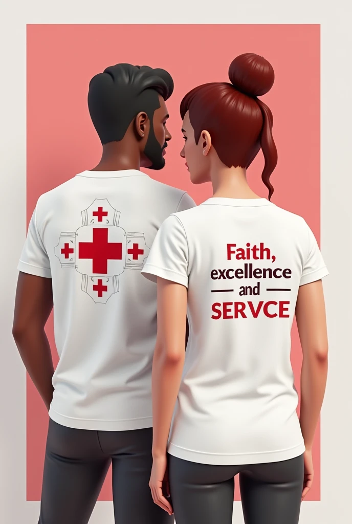 can you please edit me  2 animated tshirt the front one has  minimalist design with nursing symbols then the other shirt is focused on the back having the word faith, exellence, and service written color white and red only 