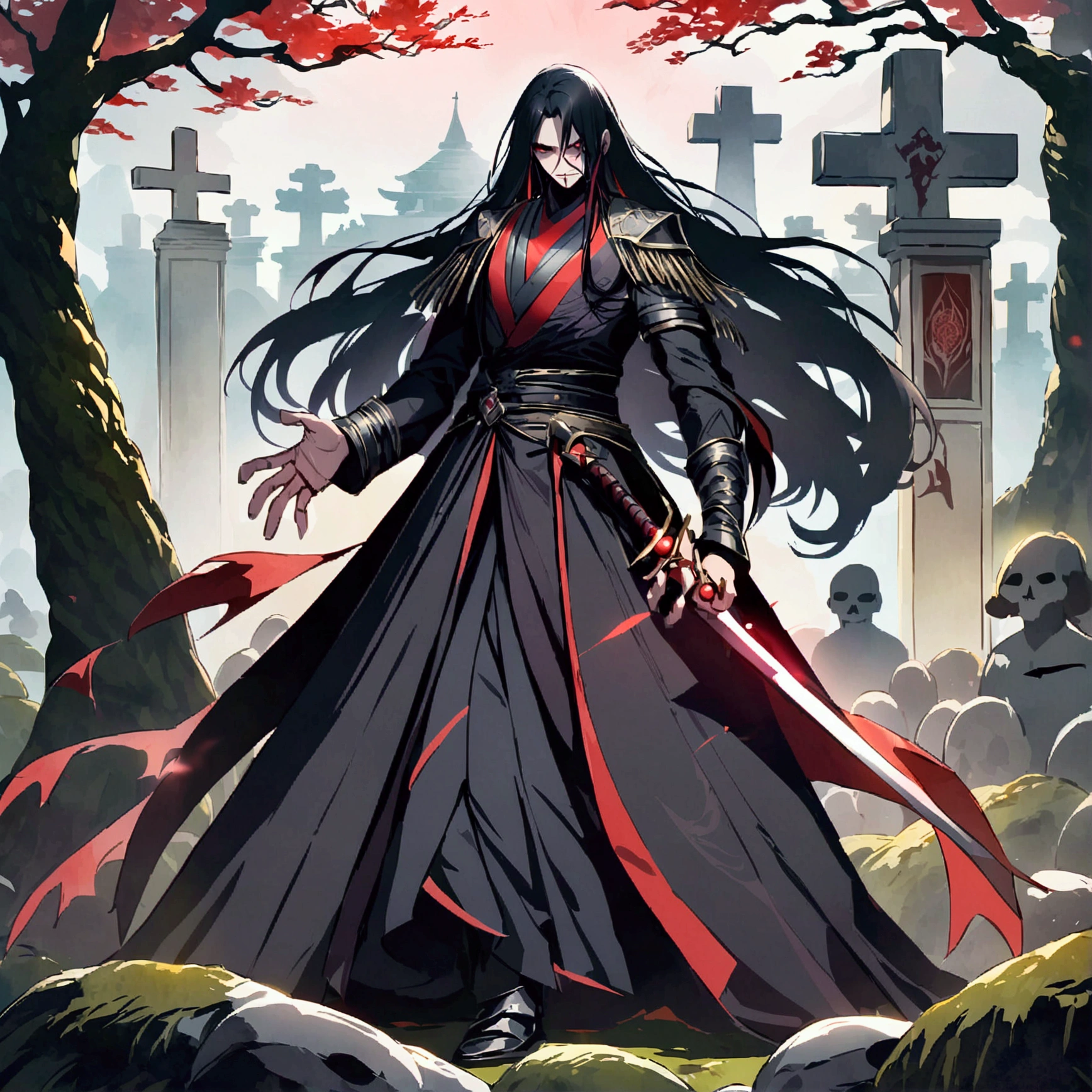 black-haired, evil-looking man, with long hair, majestic features, and countless bodies and graves behind him, holding a bloodied sword in his right hand, and a red ball of energy in his other hand.