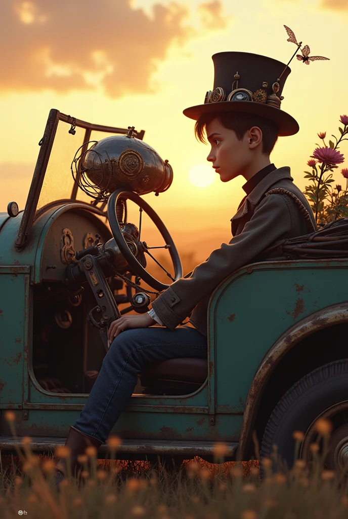 
 (アニメ)Steampunk style teenage boy in top hat with mechanical gadgets and steam punk style glasses smoking weed with a steam punk robot, sitting in an old car on a sunset hill , smoking was