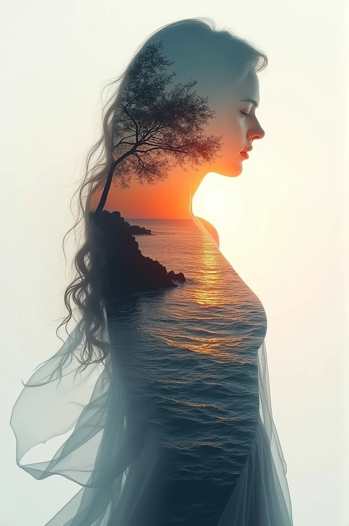 high quality, 8K Ultra HD, A beautiful double exposure that combines an goddess silhouette with sunset coast, sunset coast should serve as the underlying backdrop, with its details incorporated into the goddess , crisp lines, The background is monochrome, sharp focus, double exposure, by yukisakura, awesome full color,