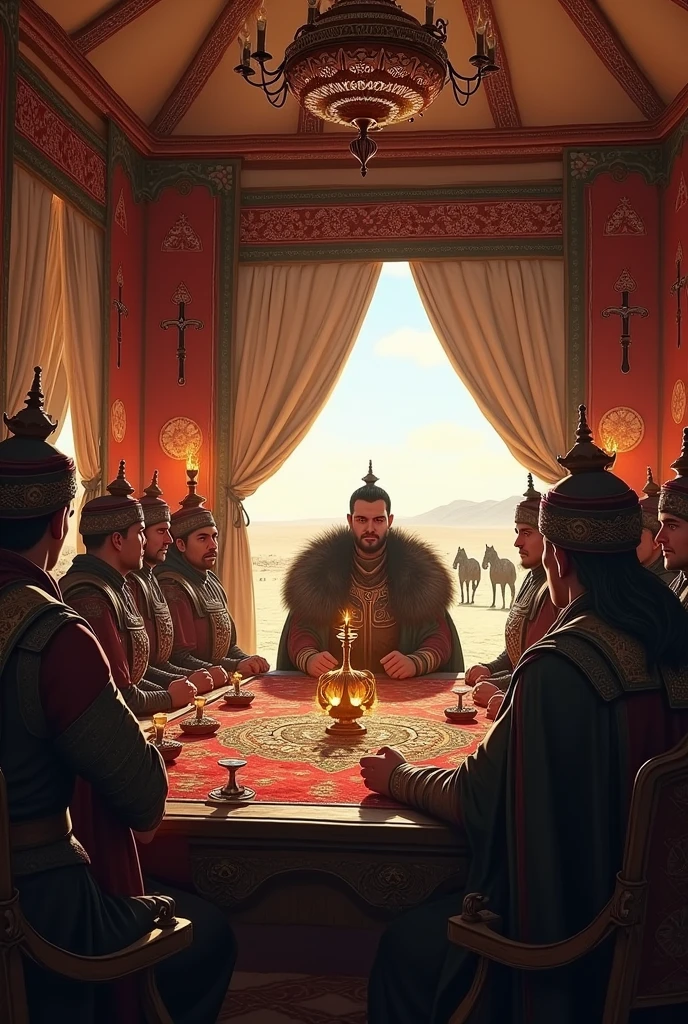 "A traditional Qai tribe jirga set in a medieval Ottoman tent. Ertugrul Bey, dressed in his warrior armor with a fur cloak, sits at the head of a large, ornately decorated wooden table, surrounded by tribal elders and warriors. The interior of the tent is adorned with rich tapestries, tribal symbols, and swords mounted on the walls. The elders, wearing traditional attire with distinctive turbans, are engaged in serious discussion, their faces lit by the warm glow of oil lamps. Outside, a glimpse of the vast plains and horses tied near the tent is visible through the open entrance. The atmosphere is tense yet respectful, with everyone focused on the matter at hand."