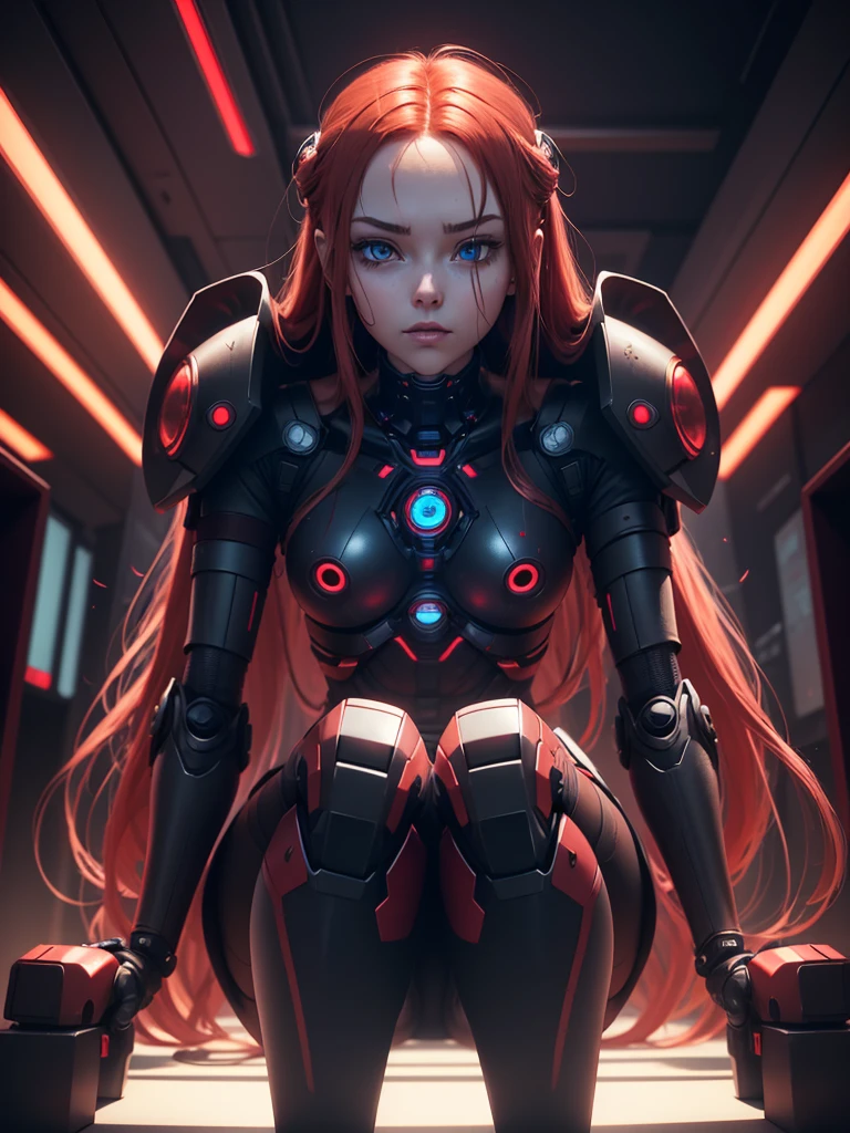 View from below, angle from below, flat horizon photo, Android girl in a pose sitting on her knees , she has long red hair she has a mask on her face a respirator a woman with sexy hips, with prosthetic arms and modifications. Beautiful face, red metal cybernetic android robot body, with red lines of indicators and diodes with many red parts, cybernetic armor with a red glow from under the joints and joints, she has blue eyes and she looks down on me, frame with a flat horizon, Anime Style Photography , black background Cyberpunk style, camera shoots Her from below low angle photography black background images night and red neon lights red lamps red lighting red flashes on the background