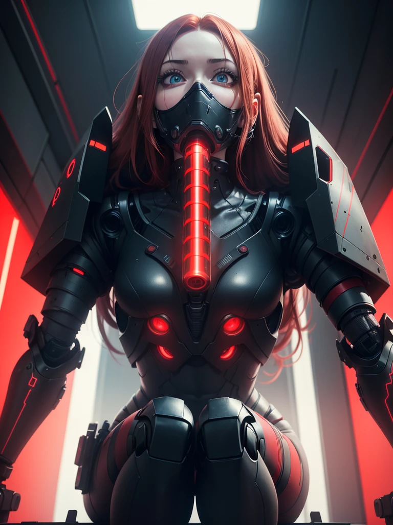 View from below, angle from below, flat horizon photo, Android girl in a pose sitting on her knees , she has long red hair she has a mask on her face a respirator a woman with sexy hips, with prosthetic arms and modifications. Beautiful face, red metal cybernetic android robot body, with red lines of indicators and diodes with many red parts, cybernetic armor with a red glow from under the joints and joints, she has blue eyes and she looks down on me, frame with a flat horizon, Anime Style Photography , black background Cyberpunk style, camera shoots Her from below low angle photography black background images night and red neon lights red lamps red lighting red flashes on the background