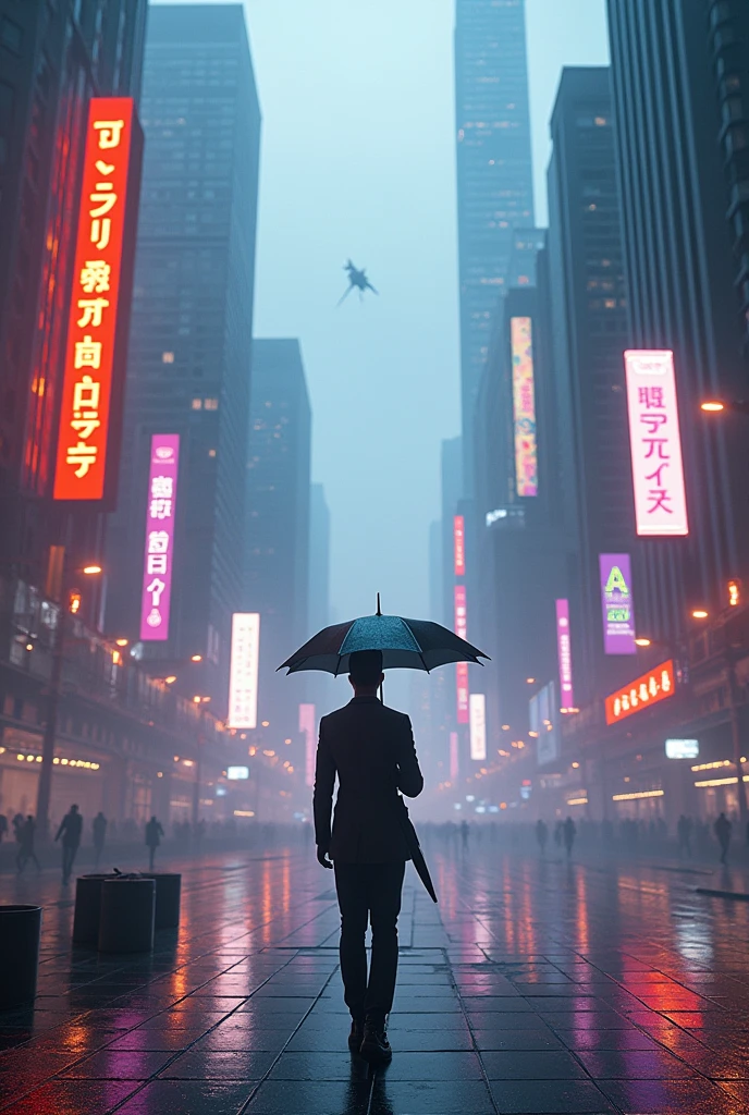 City like the movie "Blade runner 2049)(Add neon colours as much as possible)Create a futuristic cityscape at dusk, with sleek skyscrapers and neon-lit billboards reflecting off the wet pavement. Incorporate a solitary figure in the foreground, holding a futuristic umbrella with a glowing tip. Add neon colours.The atmosphere should be misty, with a sense of depth and scale. Include flying vehicles and holographic advertisements to emphasize the advanced technology of the city. Use a color palette dominated by blues and purples, with accents of warm orange and pink hues. The overall mood should be one of futuristic sophistication and mystery.  
