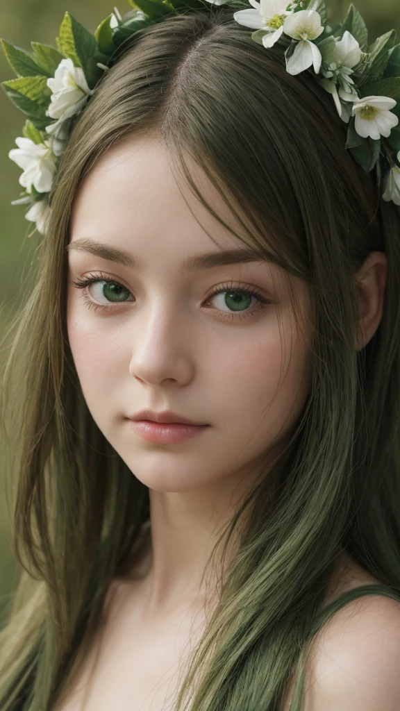face portrait. a girl. european. extremely detailed face. oval face. delicate features. half-closed eyes. green eyes. long messy hairstyle. green hair. wreath on head
