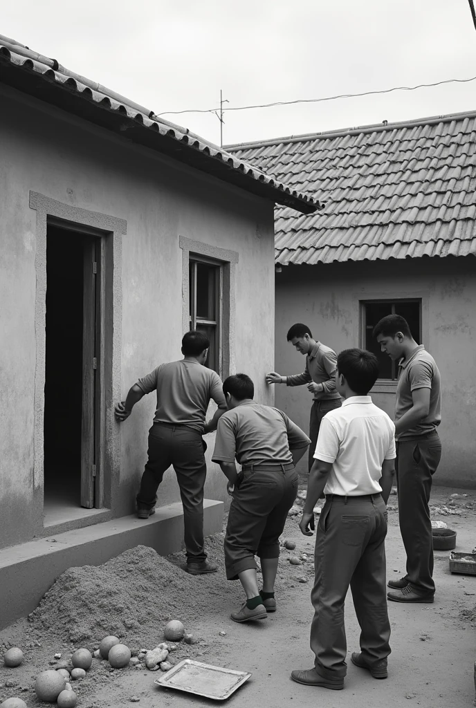 Rebuilding the house scene:
Showing Zhang Fusheng and several helpers building a house in 1987,Zhao Xiulan helped out。The picture is full of movement,Reflecting the hard work and solidarity and mutual assistance。
