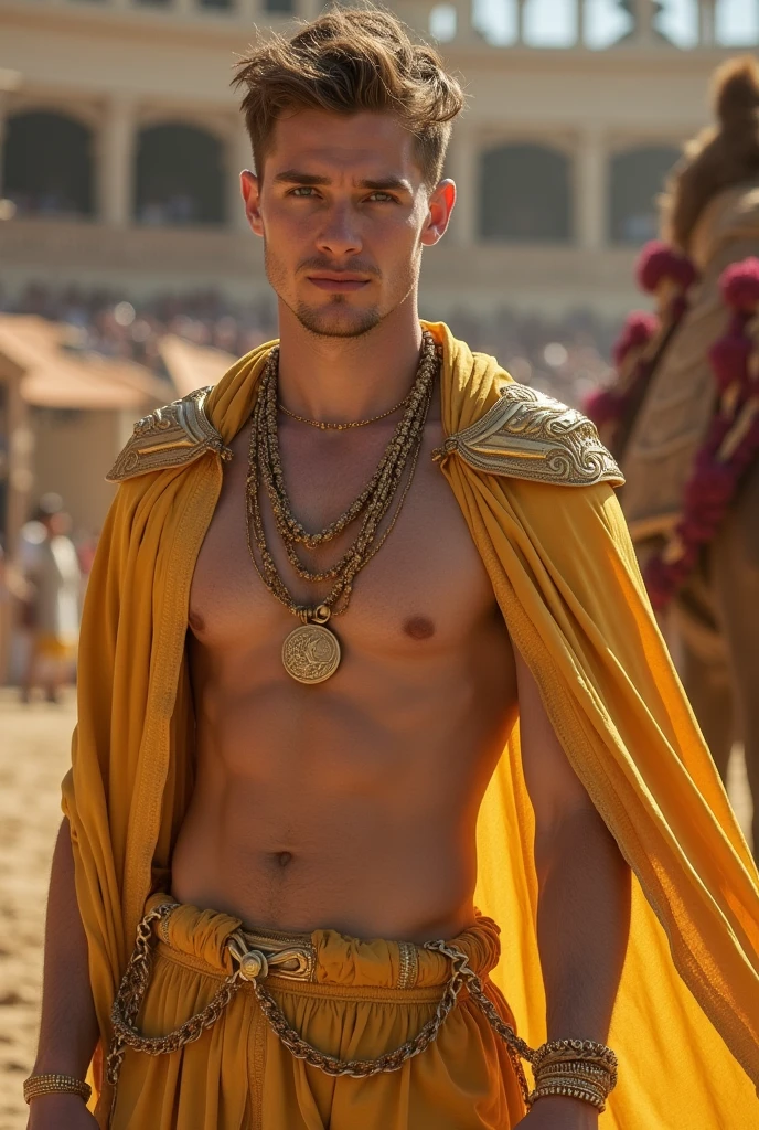 Young handsome cute white skin soft skinny beautiful face shirtless In the Arena decert dressed in golden Arab clothing with a winged camel