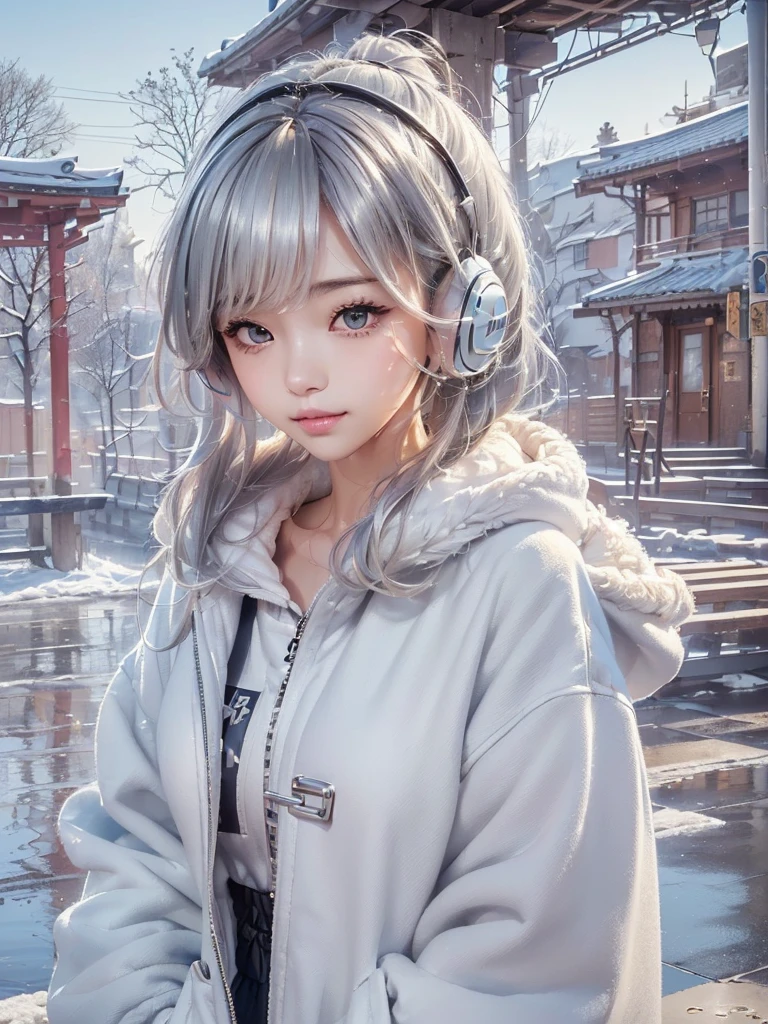 ((cute girl, face, style of painting)).(Upper body portrait:1.5)((masterpiece:1.5))((alone、Huge headphones:1.5、A woman wearing a large duffle coat、Shorts、コートでShortsが隠れる、Put your hands in your pockets、Detailed face、Big Eyes、Bright expression、Big beautiful breasts、Best Looks、Ultimate beauty、Shiny silver hair with highlights、明るい and shiny hair,、Modern Hairstyles、Hair dancing in the wind))(morning、Countryside Winter、Abandoned station platform)Please look away from here、Beautiful profile