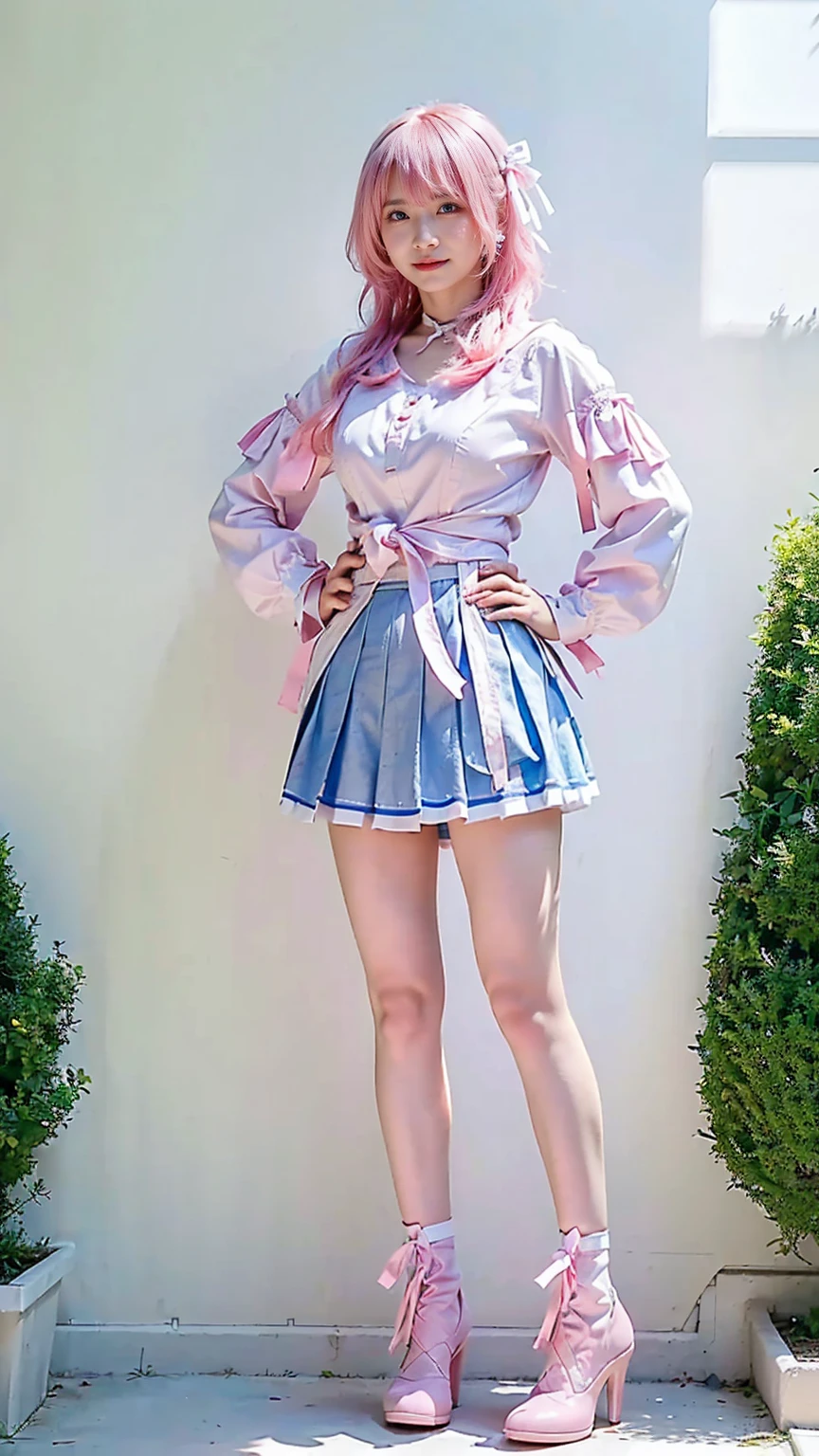 (8k、RAW Photos、Highest quality、masterpiece:1.2)、(Realistic、Realistic)、1 girl、((white、pink、light blue、mini skirt、pinkの髪、Breast enlargement、boots、ribbon、Thin legs、whole body、View from the front、Looking into the camera、ribbon、garden、Stand with hands on hips))、cute