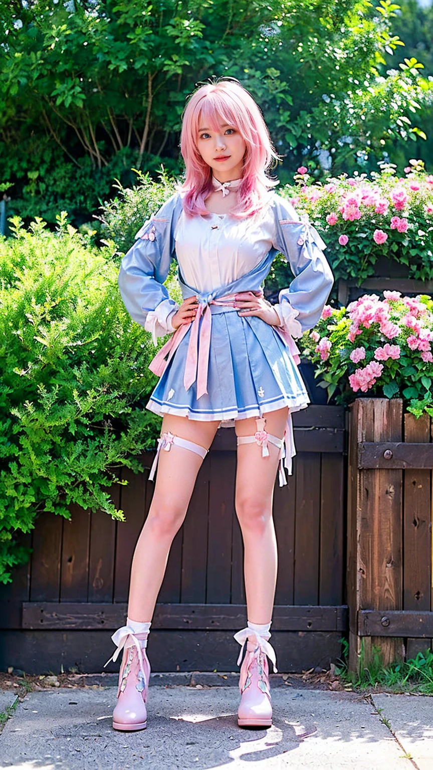 (8k、RAW Photos、Highest quality、masterpiece:1.2)、(Realistic、Realistic)、1 girl、((white、pink、light blue、mini skirt、pinkの髪、Breast enlargement、boots、ribbon、Thin legs、whole body、View from the front、Looking into the camera、ribbon、garden、Stand with hands on hips))、cute