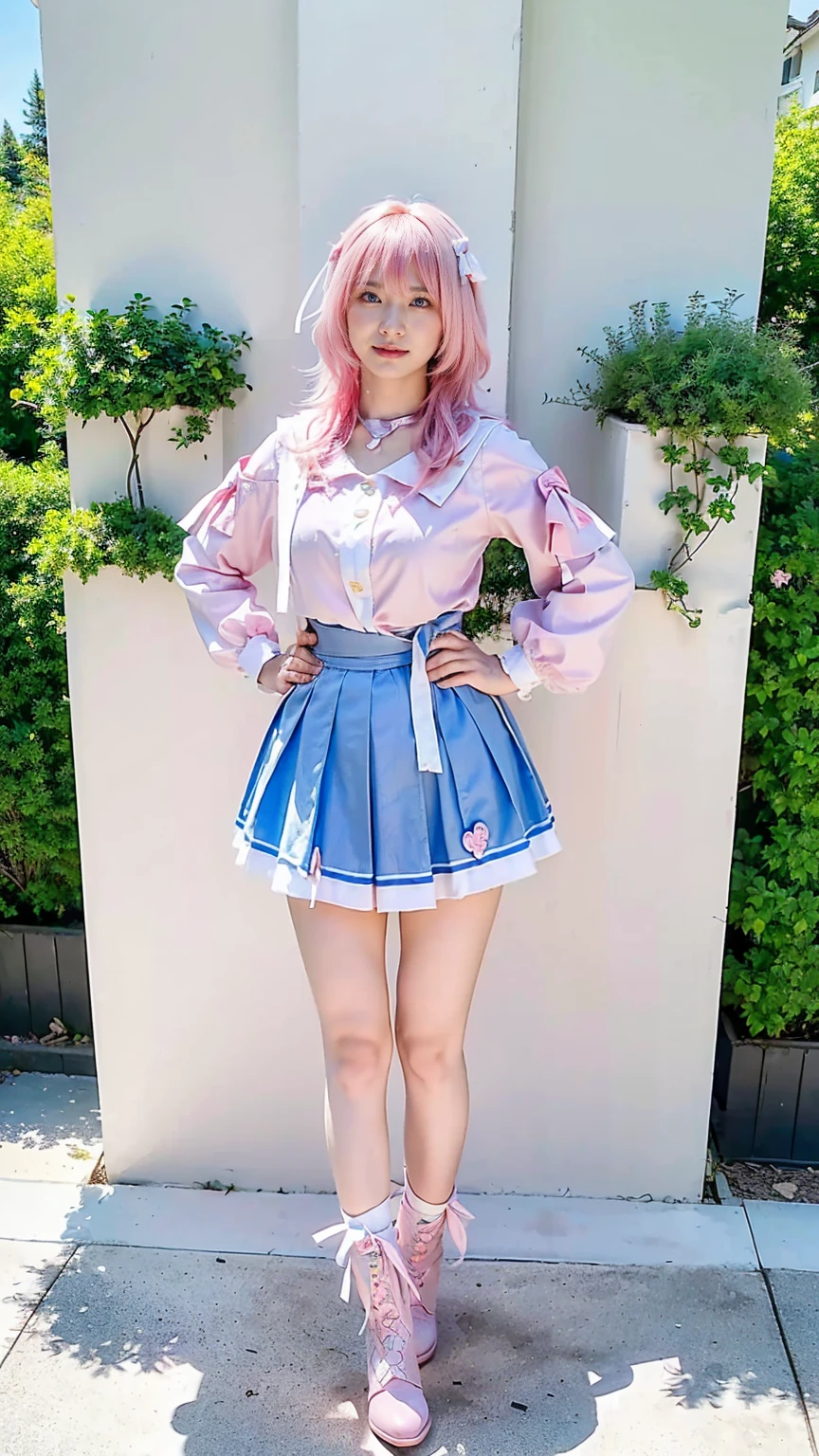 (8k、RAW Photos、Highest quality、masterpiece:1.2)、(Realistic、Realistic)、1 girl、((white、pink、light blue、mini skirt、pinkの髪、Breast enlargement、boots、ribbon、Thin legs、whole body、View from the front、Looking into the camera、ribbon、garden、Stand with hands on hips))、cute
