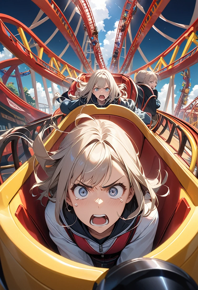 Girl riding in the front row of a roller coaster, A look of disgust, Glaring at the audience, 
Woman lying face down, limp body, General Weaknesses, 
Open your mouth, Tears flowing from my mouth, Expressions of joy, Horror, Suspense,  A look of disgust, 
Sweaty, Blake Look Up, A look of disgust, 
Thrilling attractions, Extreme heat, 
BREAK A background with a sense of speed that makes the subject stand out, amusement park, Ride a roller coaster, 
Female Dominance, Contemptuous Eyes, A look of disgust, 
Dynamic wide-body shot, Ankles inside the frame, 
BREAK Ultra-realism, Detailed and realistic skin texture, Fine and exquisite texture, Detailed and exquisite brushwork, Detailed and vivid depiction, Anatomically correct, Absurd aesthetics, 
Blake Dramatic Film Lighting, 
Transparent full color, Realistic, An elaborate roller coaster, 
BREAK Redrawing the work into a vivid and lively piece, Highest qualityのレンダリング, Highest quality, Highest Resolution, 