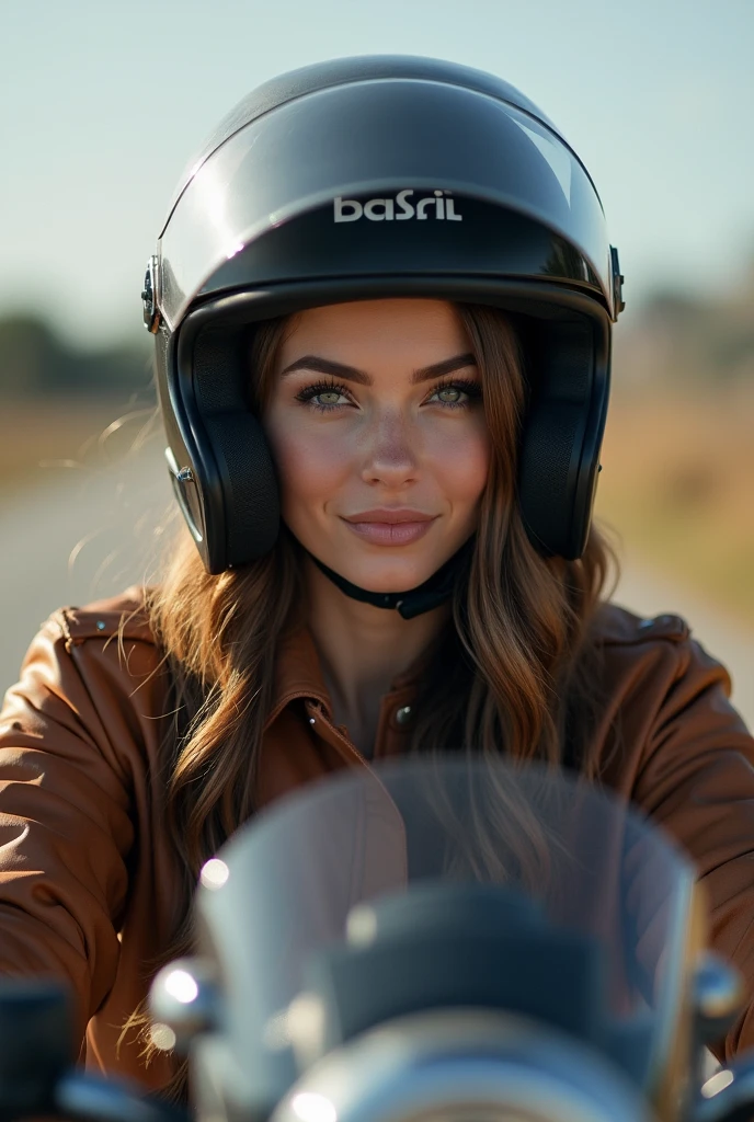 beautiful woman big motorcycle with helmet 