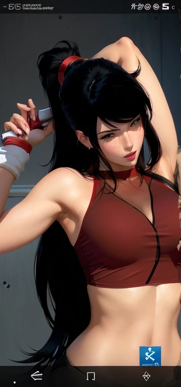 there is a woman in a red top holding a tennis racket, seductive tifa lockhart portrait, tifa lockhart, tifa, tifa lockheart, tifa lockhart portrait, portrait of tifa lockhart, photorealistic anime girl render, glamorous tifa lockheart, daz studio genesis iray ultra hd, [ 4 k photorealism ]!!