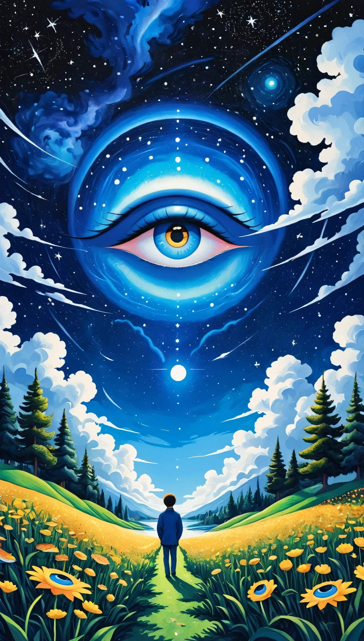 Psychedelic Art。plant、Marine Life、(((Charming eyes,The Third Eye)))、cloud、Starry Sky,Galaxy、Planet、Stitching together an abstract painting,Describing the inner world of autistic people,Sense of space,Blank,White space,Pointillism method,Childish lines,Klein Blue,assimilate into(van gogh)Art style